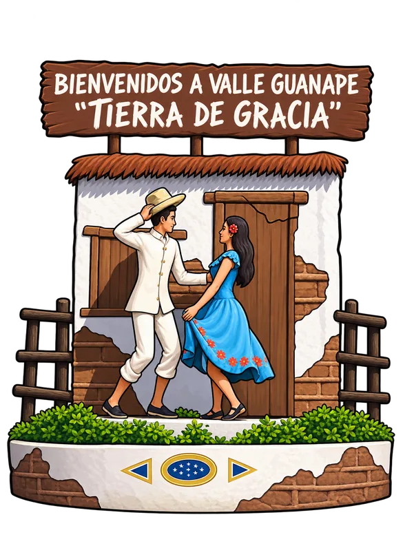 Ilustración de una pareja con traje tradicional frente al letrero Bienvenidos a Valle Guanape, Tierra de Gracia