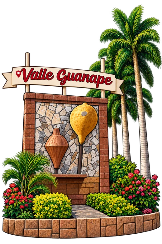 Ilustración del monumento de bienvenida a Valle Guanape, rodeado de palmeras y flores